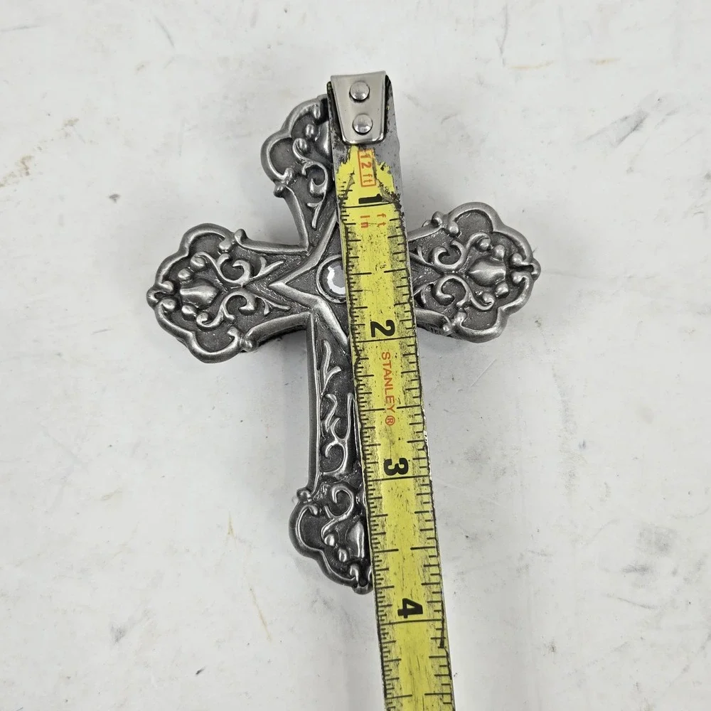 VTG  Pewter Color Ganz Cross Trinket Jewelry Prayer Box Black Enamel Lined MINT